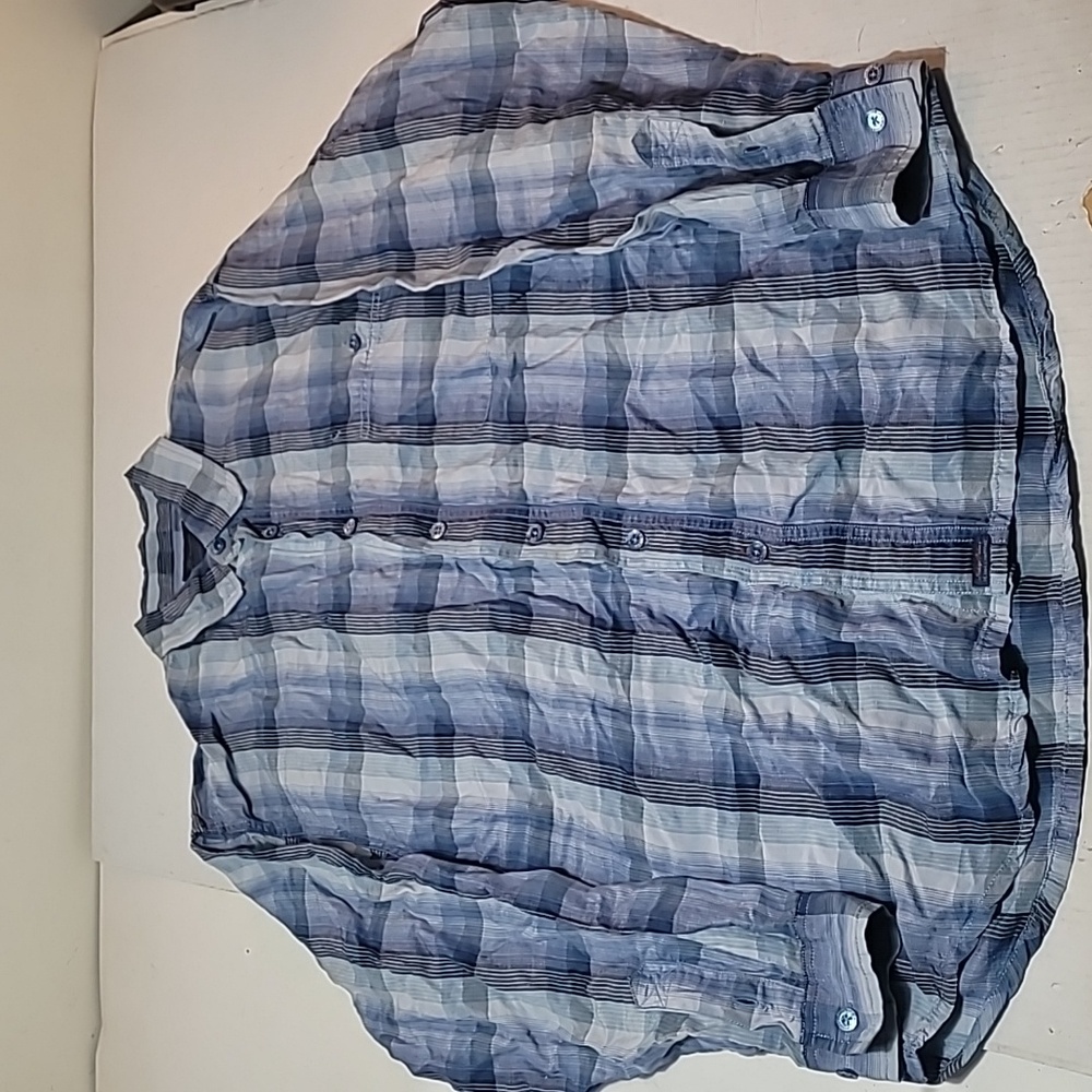 Tommy Bahama Indigo Palms blue plaid linen blend shirt size M